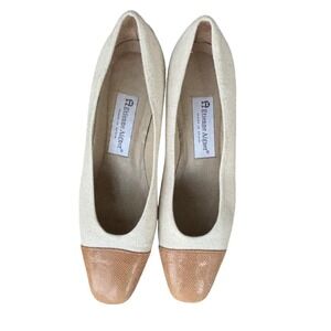 Etienne Aigner Cap Toe Block Low Heel Pumps Beige Woven‎ Women's Shoes Size 7M